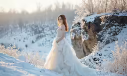 a woman is standing alone in the snow wearing a white dress