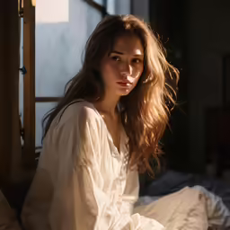 a woman sitting on a bed next to the window