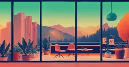 a colorful view through windows of an indoor balcony,a window view of a building and trees