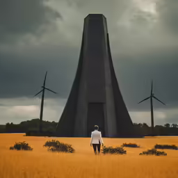 man in large field with wind mills behind him