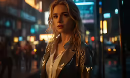 a beautiful blonde in a black leather jacket walking down a street