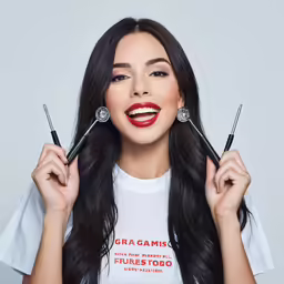 a woman with long hair holding scissors above her head