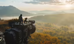 a camera is filming in the mountains with fog