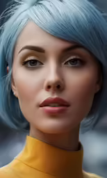 a woman with blue hair and green eyes