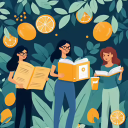 three women are holding books and oranges, which one reads on the screen