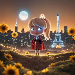 a cute cartoon girl is standing in the middle of a field