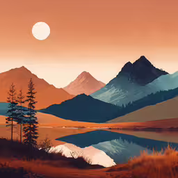 a view of a mountain range with water and a tree,the sun shines on a landscape scene featuring mountains and trees