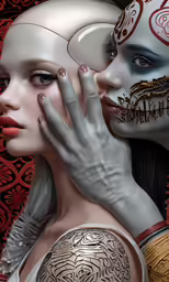two female models one with skeleton face paint and the other with skeleton skull rings
