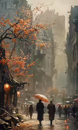 people are walking on a street with umbrellas