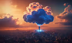 a man stands under a blue cloud on a hilltop,a person standing under a large cloud in a field