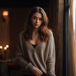 a woman is posing by a window at home