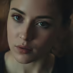 a woman with large eyes is staring at the camera