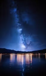 the night sky with stars above water and buildings