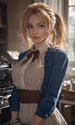 a young woman is posed next to an old fashioned stove