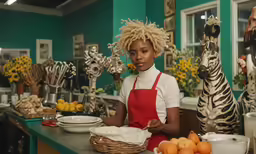 two people standing in front of a counter with food