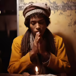 a woman with a hat is praying