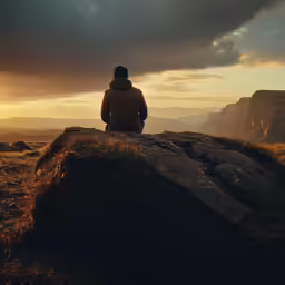 a person looking over the mountains with the sun going down