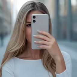 woman taking selfie with iphone in urban setting