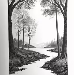 black and white photograph of trees and water