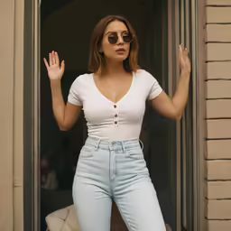 a woman posing for a picture wearing blue jeans and sunglasses