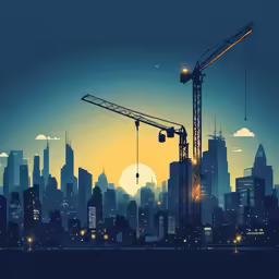 a crane over a city at night with the sun going down
