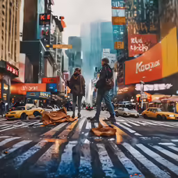 a photo of two people walking across the street
