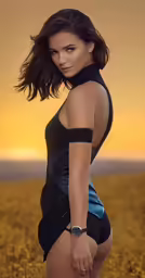 a woman is wearing black clothing and a bracelet