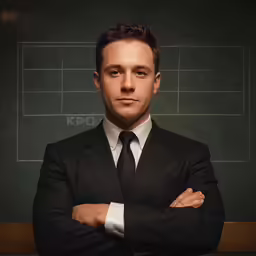 man in suit and tie standing in front of chalkboard with math symbols on it