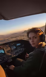 a woman in a small airplane cockpit with headphones