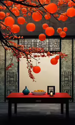 oriental style scene with a dining table with plates, utensils and lanterns
