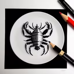 there is a drawing of a crab on a plate with a crayon pencil next to it