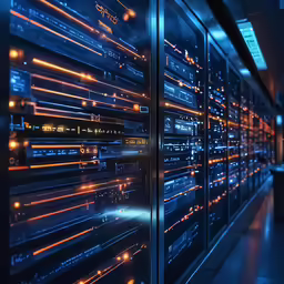 rows of servers with some lights shining down on them