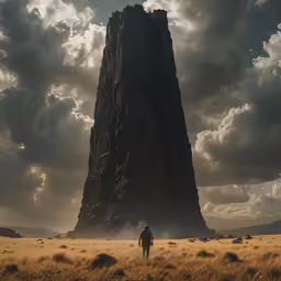 a man is walking in front of an enormous rock