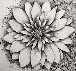 the flower is placed next to a wire fence,a black and white drawing of a flower on paper