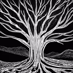 a drawing of a tree that has the branches turning,a tree in the middle of a black and white drawing