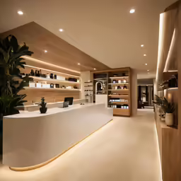 a large white bar sits inside of a building