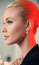 a blonde woman with red hair and blue eyes wearing a black shirt