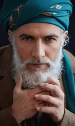 a man with a white beard and turban wearing a blue scarf