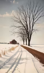 a snow - covered road with trees in the distance