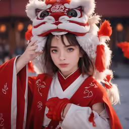 young girl with asian outfit on with her headdress in the wind
