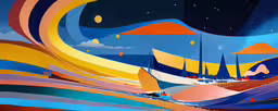 a drawing of an abstract scene of a city,an abstract painting with an orange, blue, and yellow color scheme