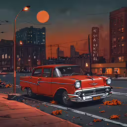 a red vintage car parked on the side of a road,an old red car is sitting in the street