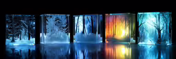 three different lit blocks sitting next to each other,four different colored glass vases with trees