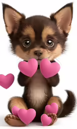 a chihuahua puppy with hearts around his neck