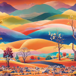an oil painting of a rocky field,an art work depicting many different colors and shapes