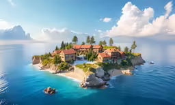 a large house sitting on an island surrounded by blue water