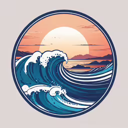 the wave in a circle with mountains in the background,a painting of a sunset and waves in a circle