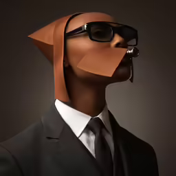 a person in a suit with glasses and a nose mask