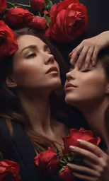 a woman with a flower and two other women near her