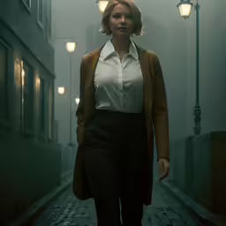 woman walking down a street lit by lights in an almost foggy city
